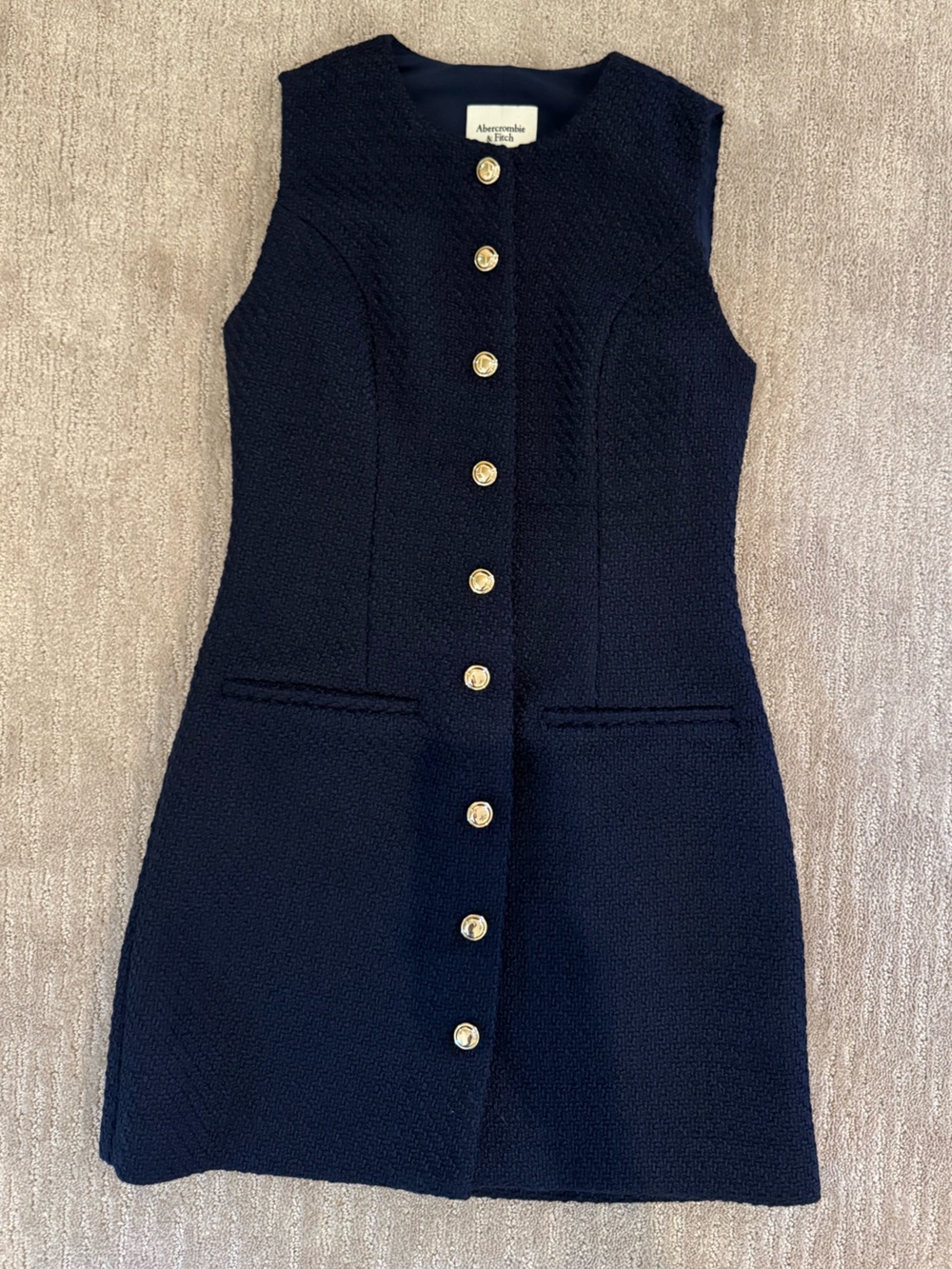 Abercrombie & Fitch Navy Textured Sleeveless Dress with Gold Buttons NWT